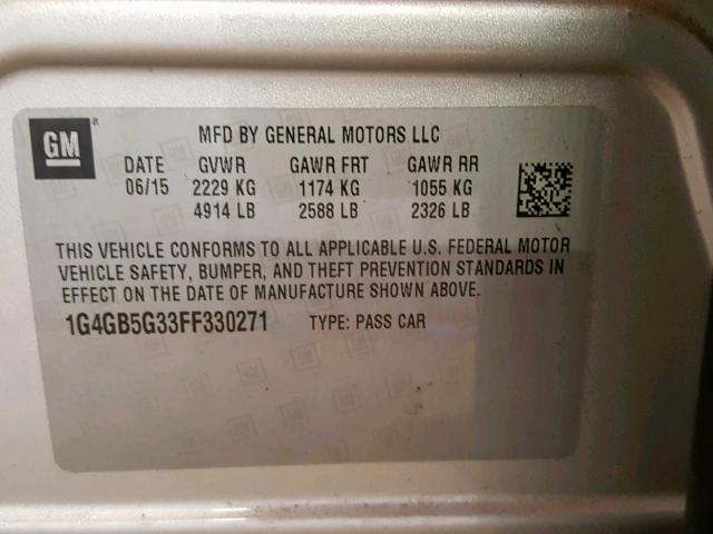 1G4GB5G33FF330271 - 2015 BUICK LACROSSE SILVER photo 10