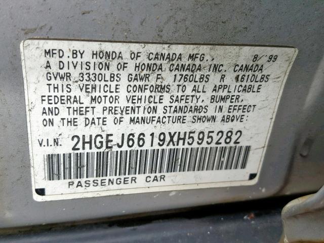 2HGEJ6619XH595282 - 1999 HONDA CIVIC BASE SILVER photo 10