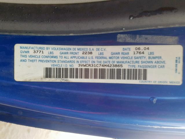 3VWCR31C74M423865 - 2004 VOLKSWAGEN NEW BEETLE Mavi foto 10