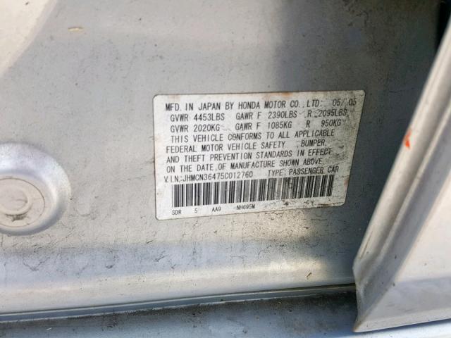 JHMCN36475C012760 - 2005 HONDA ACCORD HYB SILVER photo 10