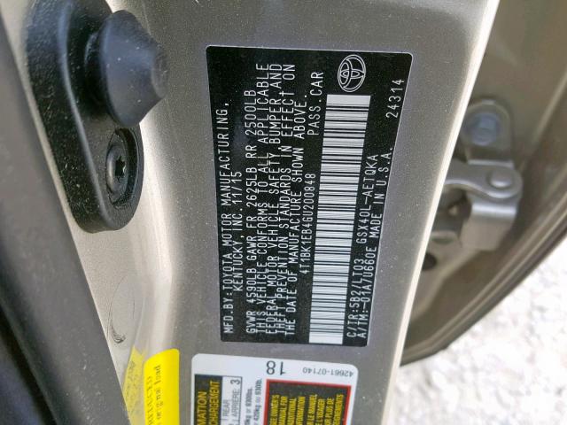 4T1BK1EB4GU200848 - 2016 TOYOTA AVALON XLE GOLD photo 10