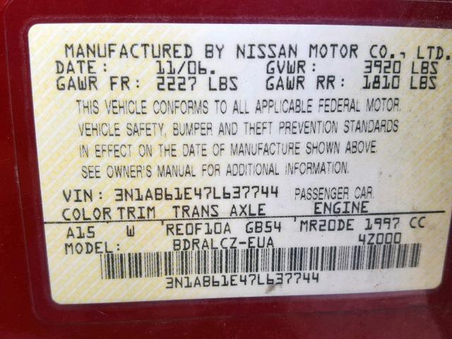 3N1AB61E47L637744 - 2007 NISSAN SENTRA 2.0 RED photo 10