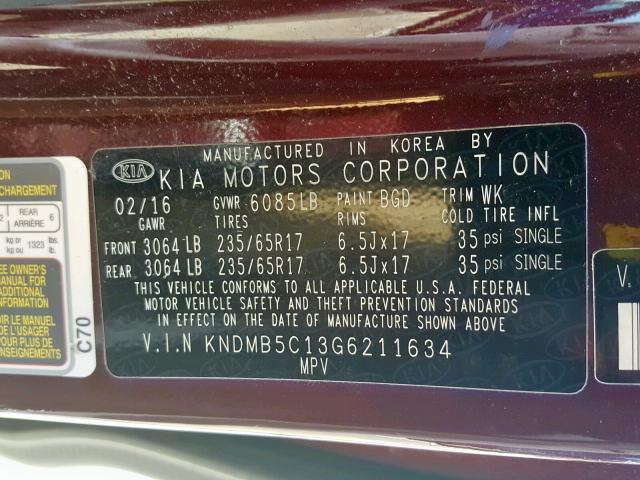 KNDMB5C13G6211634 - 2016 KIA SEDONA LX MAROON photo 10