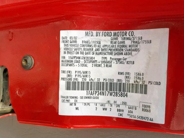 1FAFP34N17W285804 - 2007 FORD FOCUS ZX4 RED photo 10