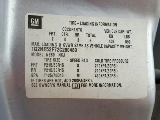 1G2NE52F72C280480 - 2002 PONTIAC GRAND AM S SILVER photo 10