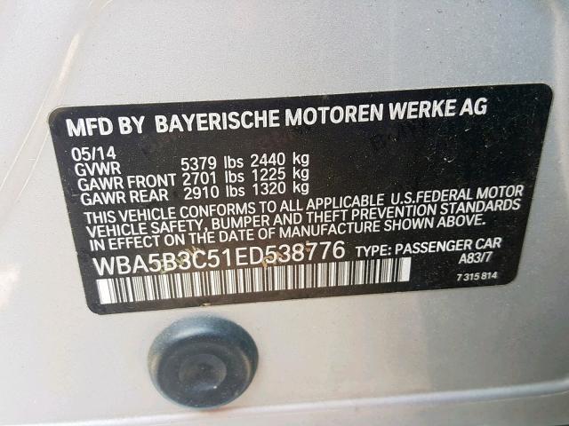 WBA5B3C51ED538776 - 2014 BMW 535 XI SILVER photo 10