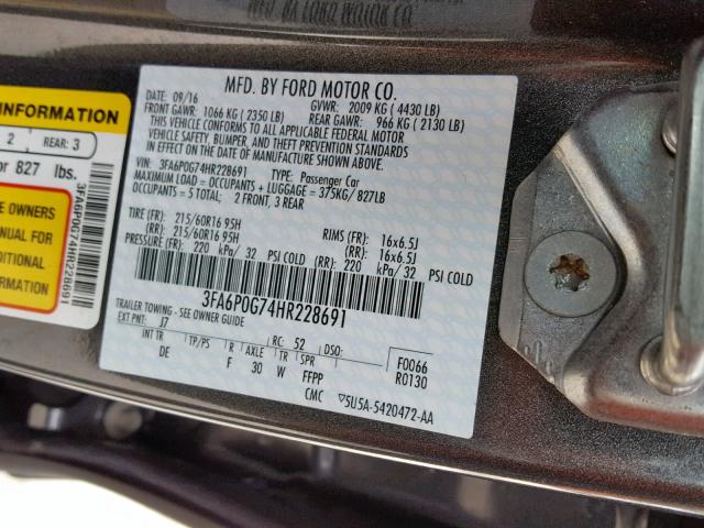 3FA6P0G74HR228691 - 2017 FORD FUSION S GRAY photo 10