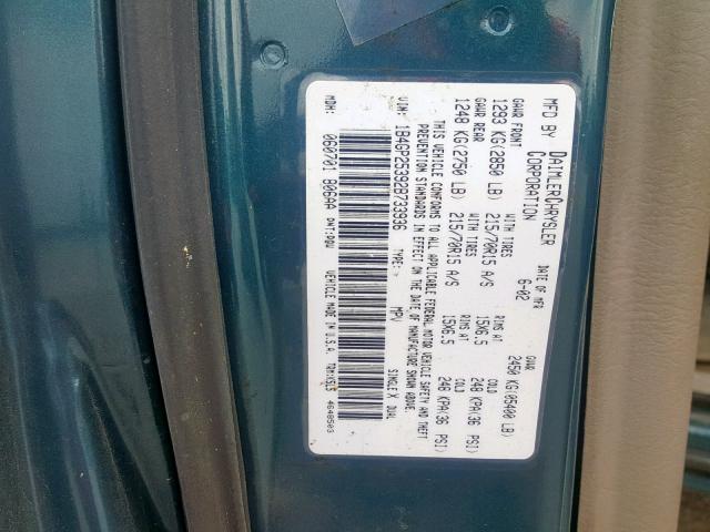 1B4GP25392B733936 - 2002 DODGE CARAVAN SE GREEN photo 10