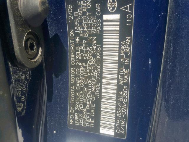 JTKDE177060109961 - 2006 TOYOTA SCION TC BLUE photo 10