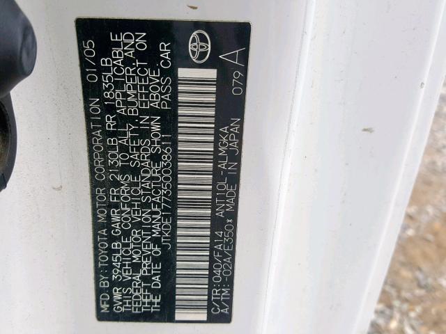 JTKDE177350038611 - 2005 TOYOTA SCION TC 白色 照片 10