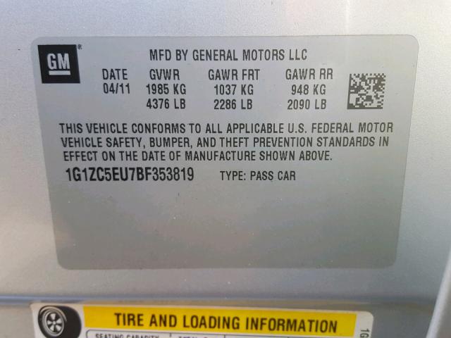 1G1ZC5EU7BF353819 - 2011 CHEVROLET MALIBU 1LT 银色 照片 10