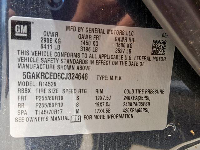 5GAKRCED6CJ324646 - 2012 BUICK ENCLAVE BLACK photo 10