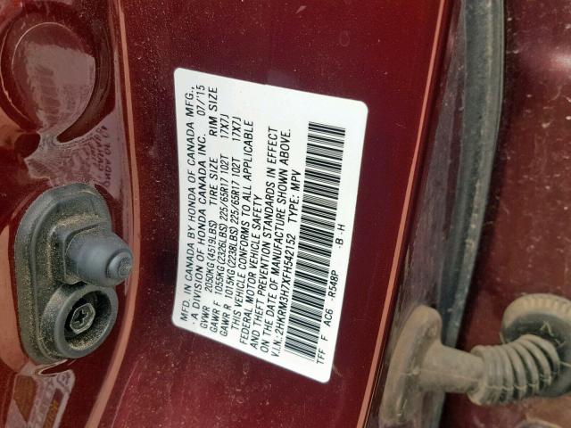 2HKRM3H7XFH542152 - 2015 HONDA CR-V EXL BURGUNDY photo 10