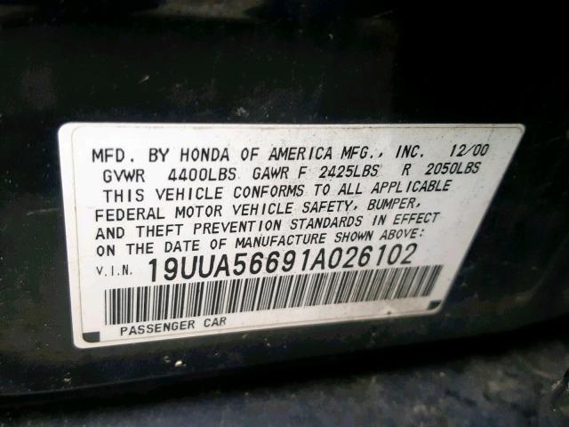 19UUA56691A026102 - 2001 ACURA 3.2TL BLACK photo 10