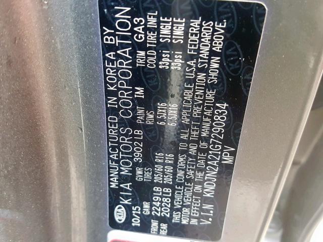 KNDJN2A21G7290834 - 2016 KIA SOUL GRAY photo 10