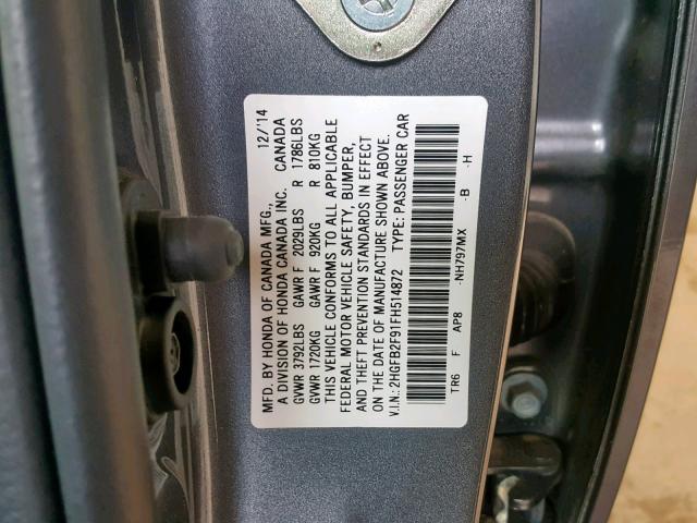 2HGFB2F91FH514872 - 2015 HONDA CIVIC EXL GRAY photo 10