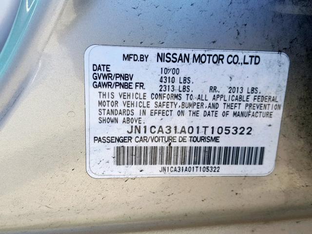 JN1CA31A01T105322 - 2001 NISSAN MAXIMA GXE GOLD photo 10