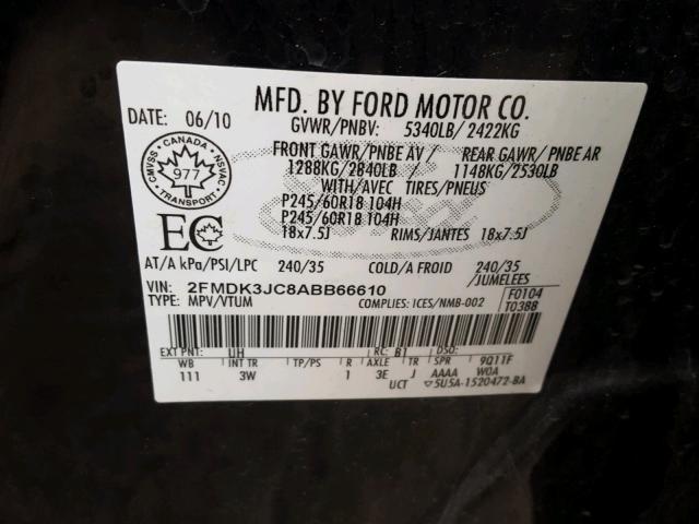 2FMDK3JC8ABB66610 - 2010 FORD EDGE SEL BLACK photo 10