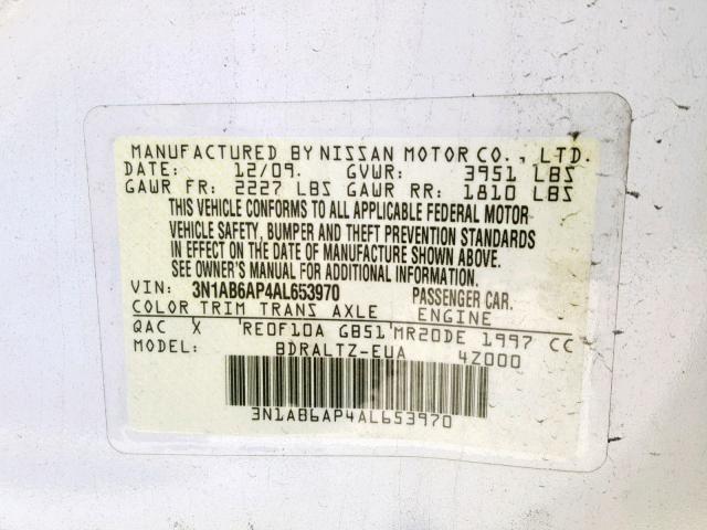 3N1AB6AP4AL653970 - 2010 NISSAN SENTRA 2.0 WHITE photo 10