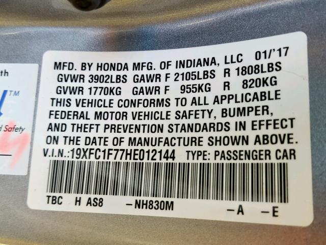 19XFC1F77HE012144 - 2017 HONDA CIVIC EXL SILVER photo 10