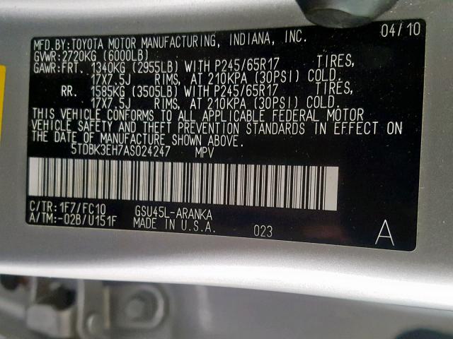 5TDBK3EH7AS024247 - 2010 TOYOTA HIGHLANDER SILVER photo 10