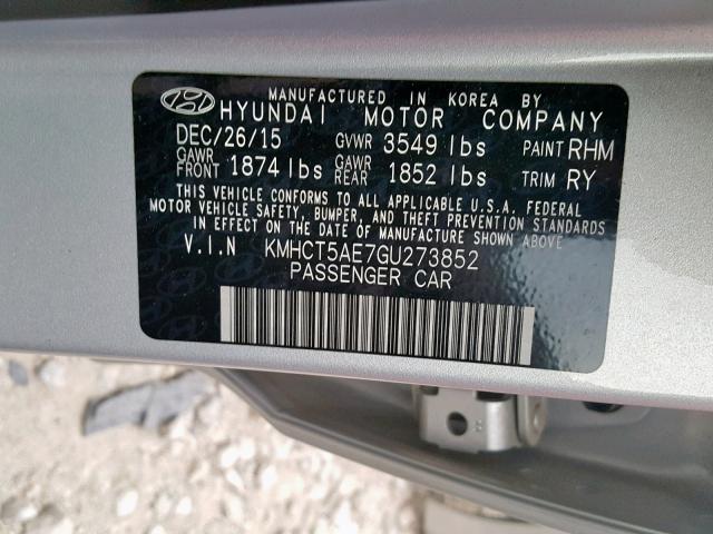 KMHCT5AE7GU273852 - 2016 HYUNDAI ACCENT SE GRAY photo 10