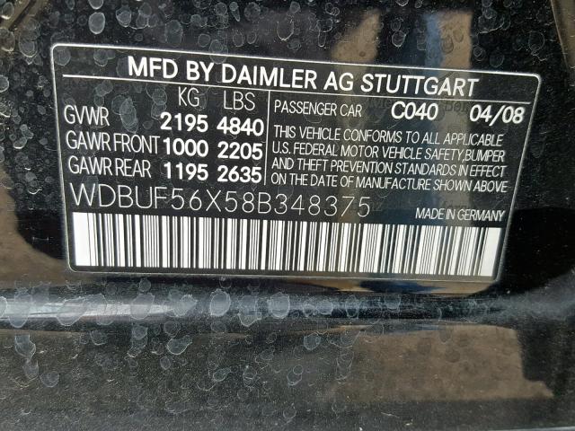 WDBUF56X58B348375 - 2008 MERCEDES-BENZ E 350 BLACK photo 10