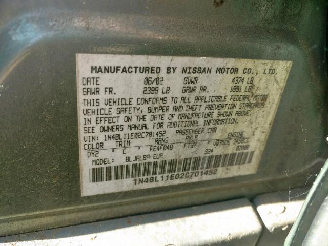 1N4BL11E02C701452 - 2002 NISSAN ALTIMA SE SILVER photo 10