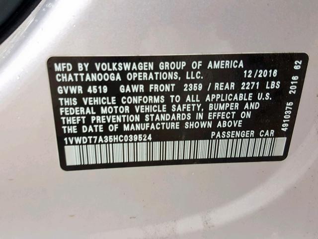 1VWDT7A35HC039524 - 2017 VOLKSWAGEN PASSAT R-L SILVER photo 10