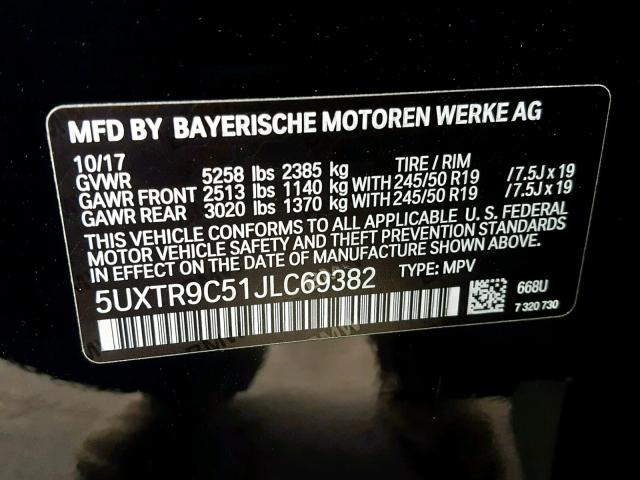 5UXTR9C51JLC69382 - 2018 BMW X3 XDRIVE3 BLACK photo 10