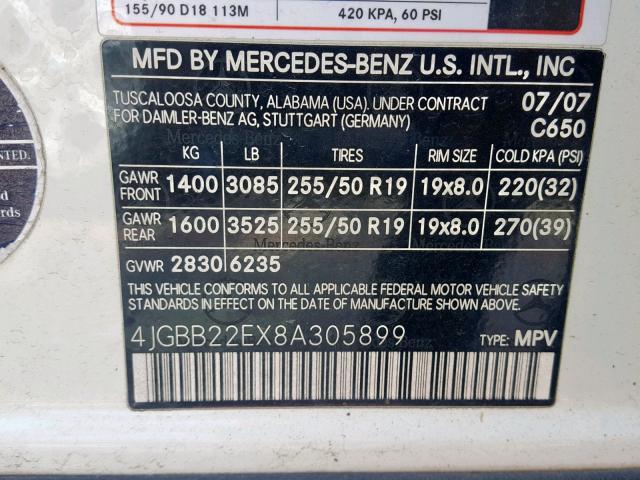4JGBB22EX8A305899 - 2008 MERCEDES-BENZ ML 320 CDI WHITE photo 10