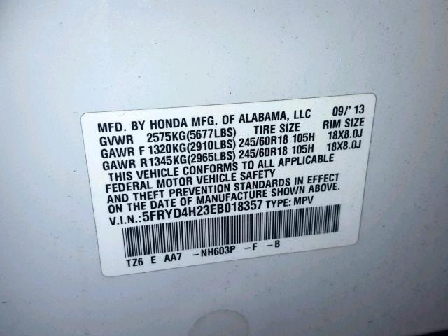 5FRYD4H23EB018357 - 2014 ACURA MDX WHITE photo 10