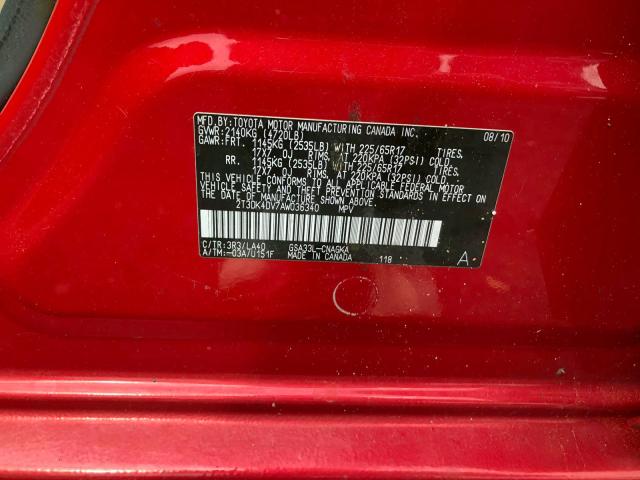 2T3DK4DV7AW036340 - 2010 TOYOTA RAV4 LIMIT RED photo 10