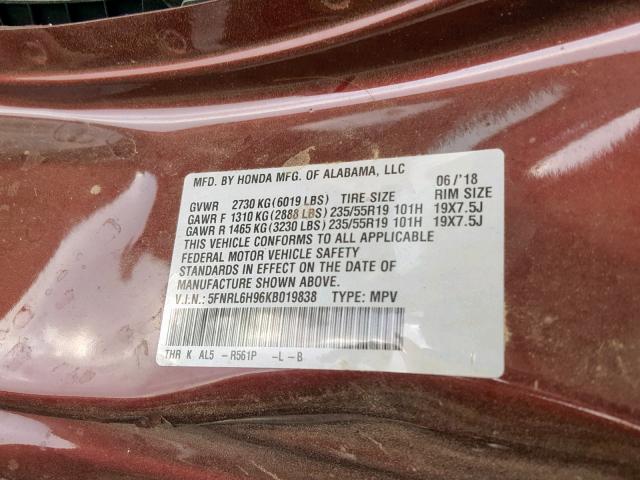 5FNRL6H96KB019838 - 2019 HONDA ODYSSEY EL MAROON photo 10