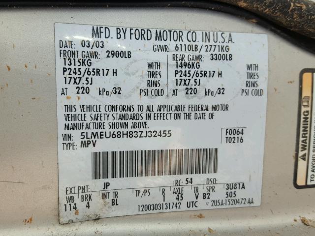 5LMEU68H83ZJ32455 - 2003 LINCOLN AVIATOR 银色 照片 10