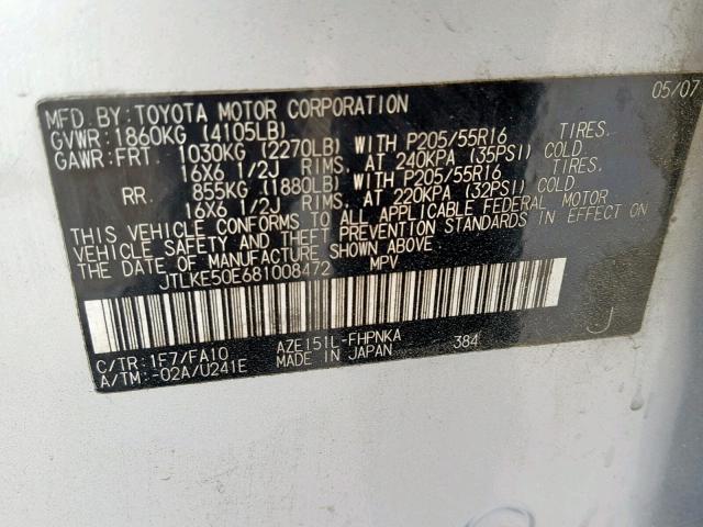 JTLKE50E681008472 - 2008 TOYOTA SCION XB 银色 照片 10
