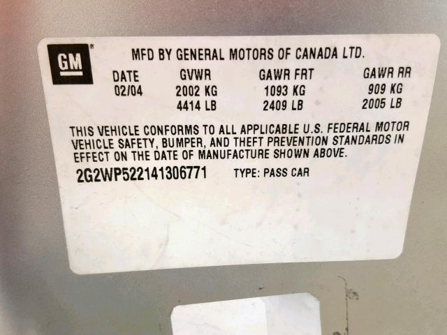 2G2WP522141306771 - 2004 PONTIAC GRAND PRIX SILVER photo 10