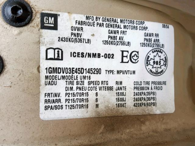 1GMDV03E45D145290 - 2005 PONTIAC MONTANA GOLD photo 10