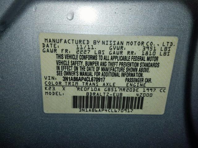 3N1AB6AP4CL670917 - 2012 NISSAN SENTRA 2.0 SILVER photo 10