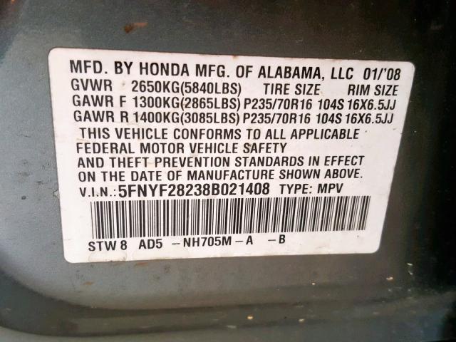 5FNYF28238B021408 - 2008 HONDA PILOT VP GRAY photo 10