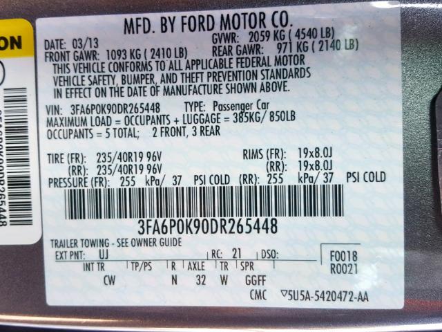 3FA6P0K90DR265448 - 2013 FORD FUSION TIT GRAY photo 10