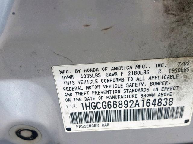 1HGCG66892A164838 - 2002 HONDA ACCORD EX SILVER photo 10