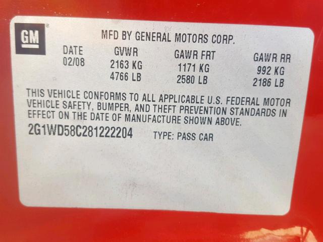 2G1WD58C281222204 - 2008 CHEVROLET IMPALA SUP Қызыл фото 10
