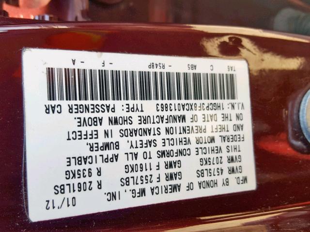 1HGCP3F8XCA013863 - 2012 HONDA ACCORD EXL MAROON photo 10