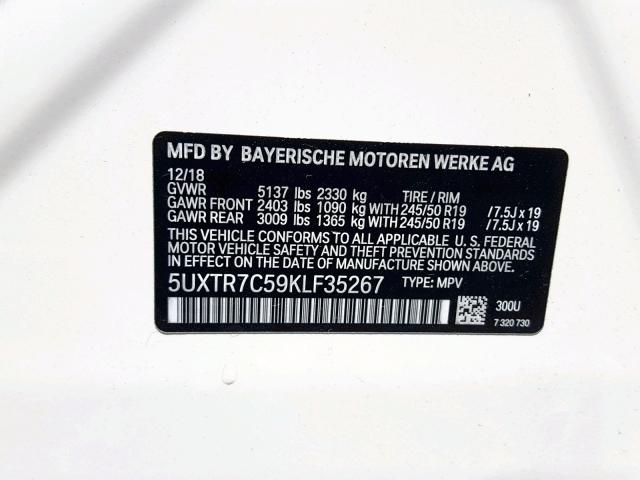 5UXTR7C59KLF35267 - 2019 BMW X3 SDRIVE3 WHITE photo 10