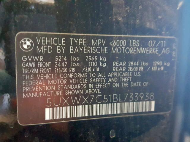 5UXWX7C51BL733938 - 2011 BMW X3 XDRIVE3 BLACK photo 10