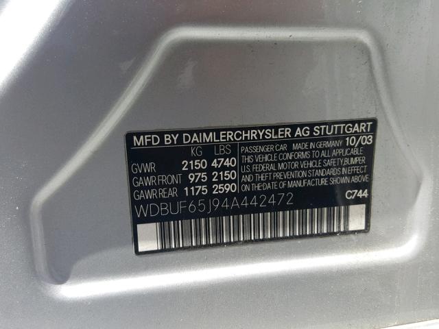 WDBUF65J94A442472 - 2004 MERCEDES-BENZ E 320 SILVER photo 10