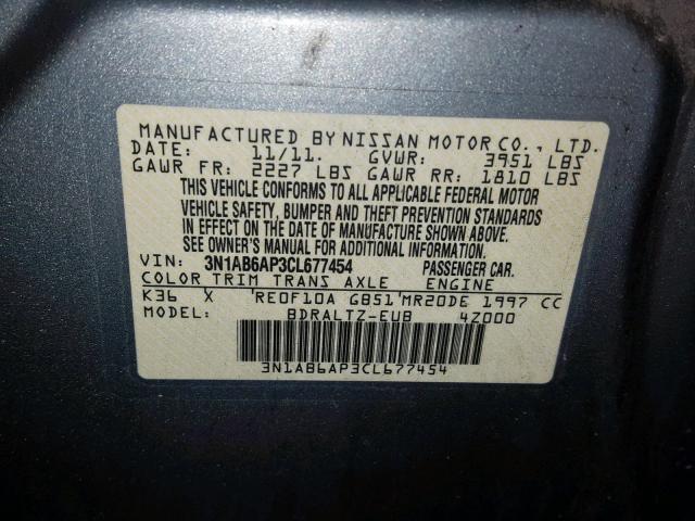 3N1AB6AP3CL677454 - 2012 NISSAN SENTRA 2.0 GRAY photo 10