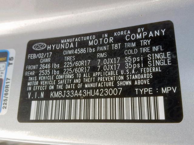 KM8J33A43HU423007 - 2017 HYUNDAI TUCSON LIM SILVER photo 10