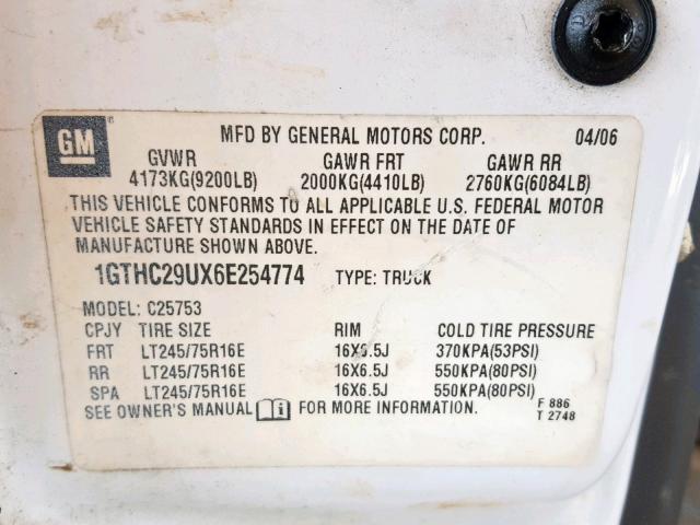 1GTHC29UX6E254774 - 2006 GMC SIERRA C25 WHITE photo 10